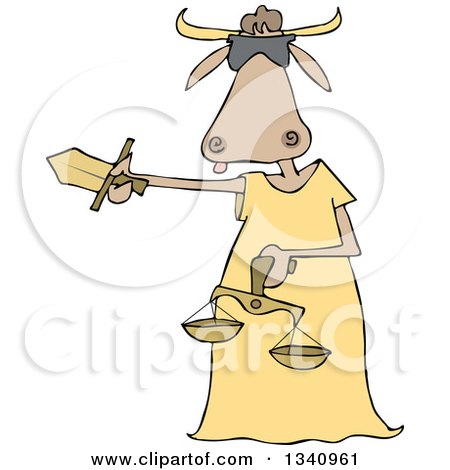 Clipart of a Cartoon Blindfolded Lady Justice Cow Holding a Sword and Scales - Royalty Free Vector Illustration by djart