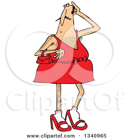 Clipart of a Cartoon Hairy White Man in Heels and a Dress - Royalty Free Vector Illustration by djart