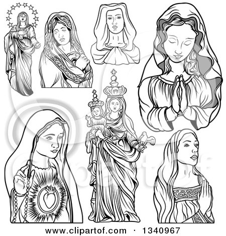 Clipart of Grayscale Virgin Mary Designs - Royalty Free Vector Illustration by dero