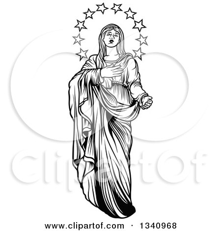 Clipart of a Black and White Virgin Mary with Stars - Royalty Free Vector Illustration by dero