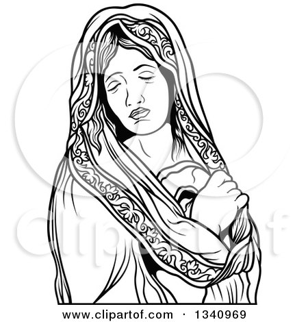 Clipart of a Black and White Virgin Mary - Royalty Free Vector Illustration by dero