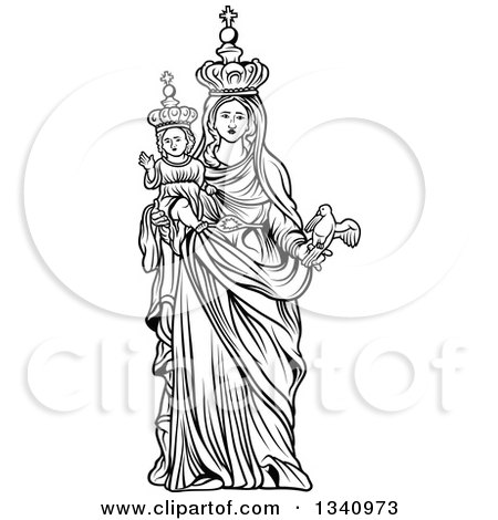 Clipart of a Black and White Virgin Mary Holding Baby Jesus and a Bird - Royalty Free Vector Illustration by dero