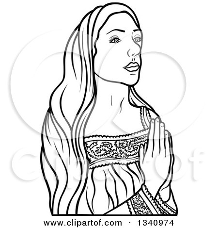 Clipart of a Black and White Praying Virgin Mary - Royalty Free Vector Illustration by dero