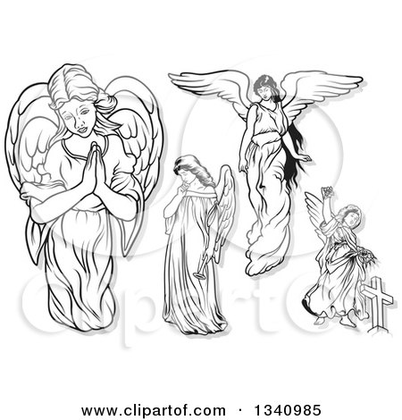 Clipart of Black and White Female Angels with Gray Outlines - Royalty Free Vector Illustration by dero