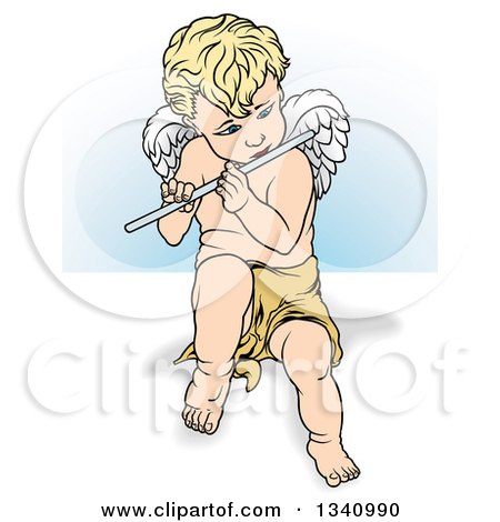 Clipart of a Cartoon Blond Caucasian Cherub Playing a Flute, over White and Blue - Royalty Free Vector Illustration by dero
