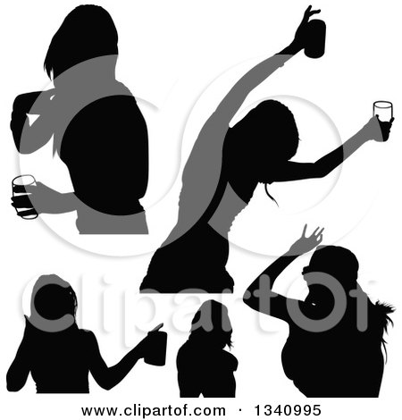 Clipart of Black Silhouetted Party Women Drinking and Dancing - Royalty Free Vector Illustration by dero