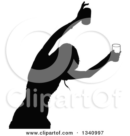 Clipart of a Black Silhouetted Pary Woman Holding up Drinks - Royalty Free Vector Illustration by dero