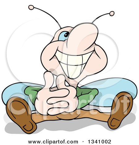 Clipart of a Cartoon Happy Butterfly Sitting and Twiddling His Thumbs - Royalty Free Vector Illustration by dero