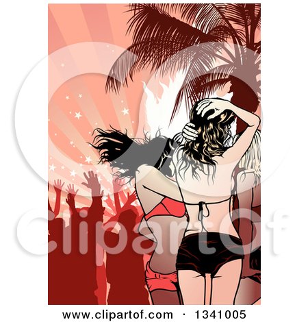 Clipart of Party Women in a Bikini Tops and Shorts, Dancing on a Tropical Beach, over a Silhouetted Crowd and Grungy Rays - Royalty Free Vector Illustration by dero