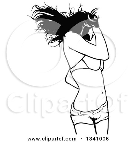 Clipart of a Black and White Party Woman in a Bikini Top and Shorts, Dancing - Royalty Free Vector Illustration by dero