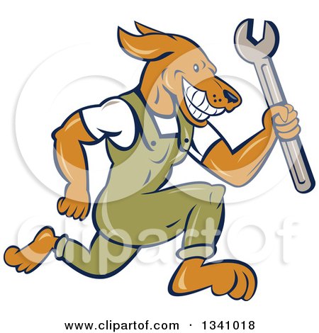 Clipart of a Cartoon Dog Mechanic Sprinting in Coveralls and Holding a Wrench - Royalty Free Vector Illustration by patrimonio