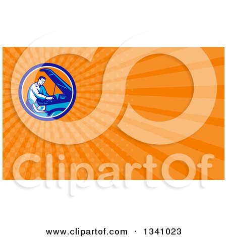 Clipart of a Retro Male Car Mechanic Working on an Automobile in a Circle and Orange Rays Background or Business Card Design - Royalty Free Illustration by patrimonio