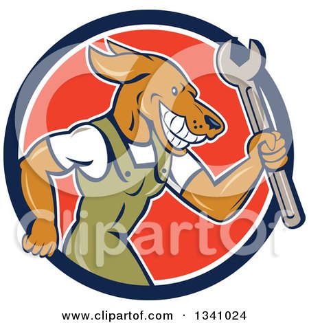 Clipart of a Cartoon Dog Mechanic in Coveralls, Holding a Wrench and Emerging from a Blue White and Red Circle - Royalty Free Vector Illustration by patrimonio