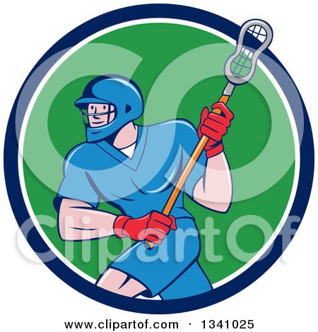 Clipart of a Cartoon White Male Lacrosse Player with a Stick in a Blue White and Green Circle - Royalty Free Vector Illustration by patrimonio