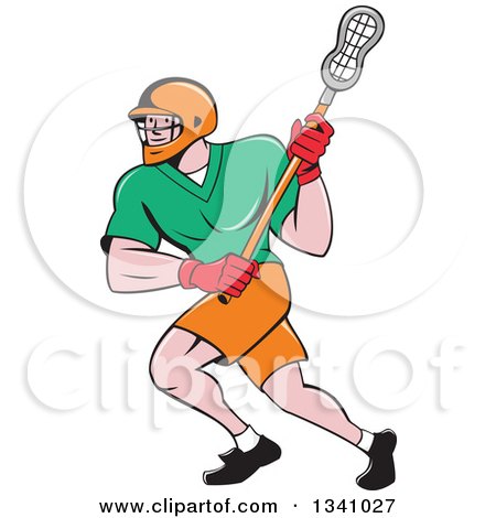Clipart of a Cartoon White Male Lacrosse Player Running with a Stick - Royalty Free Vector Illustration by patrimonio