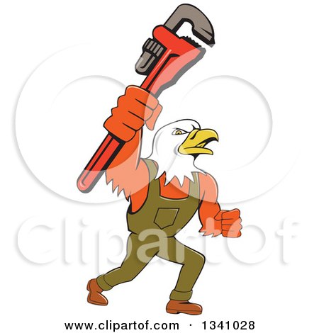 Clipart of a Cartoon Bald Eagle Plumber Man Holding up a Monkey Wrench - Royalty Free Vector Illustration by patrimonio