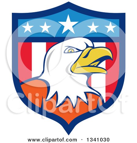Clipart of a Cartoon Bald Eagle Head in an American Flag Shield - Royalty Free Vector Illustration by patrimonio