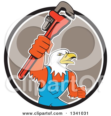 Clipart of a Cartoon Bald Eagle Plumber Man Holding up a Monkey Wrench, Emerging from a Black White and Taupe Circle - Royalty Free Vector Illustration by patrimonio