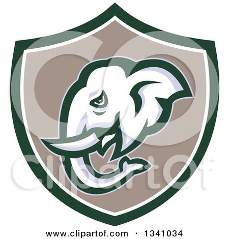 Clipart of a Retro Elephant Head in a Green White and Taupe Shield - Royalty Free Vector Illustration by patrimonio