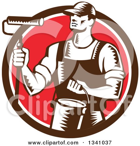 Clipart of a Retro Woodcut Male Painter Holding a Roller Brush and Can in a Brown White and Red Circle - Royalty Free Vector Illustration by patrimonio