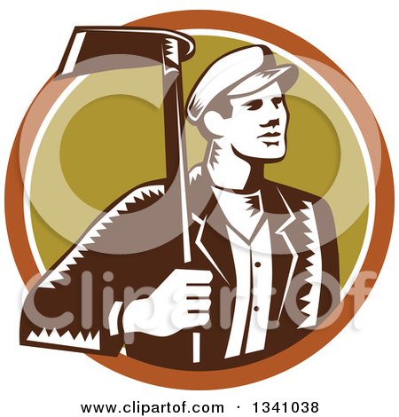Clipart of a Retro Woodcut Male Gardener Holding a Grub Hoe in a Brown White and Green Circle - Royalty Free Vector Illustration by patrimonio