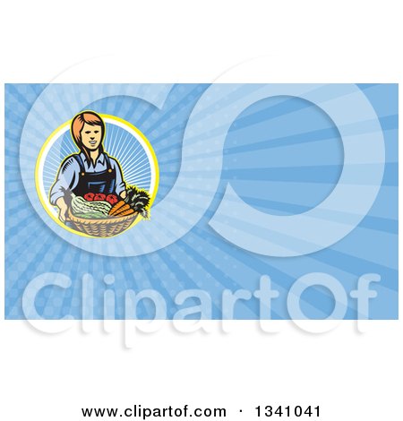 Clipart of a Retro Woodcut Female Farmer Holding a Basket of Produce and Blue Rays Background or Business Card Design - Royalty Free Illustration by patrimonio