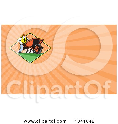 Clipart of a Retro Gardener Man Pushing a Wheelbarrow in a Sunset Diamond and Pastel Orange Rays Background or Business Card Design - Royalty Free Illustration by patrimonio
