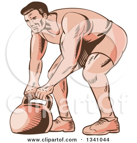 Clipart of a Retro Sketched or Engraved Male Bodybuilder Working out with a Kettlebell - Royalty Free Vector Illustration by patrimonio
