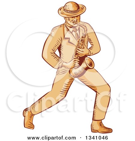 Clipart of a Retro Sketched or Engraved Jazz Musician Playing a Saxophone - Royalty Free Vector Illustration by patrimonio
