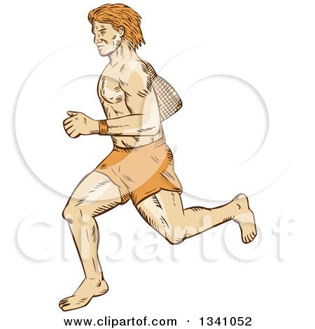 Clipart of a Sketched or Engraved Barefoot Male Runner - Royalty Free Vector Illustration by patrimonio