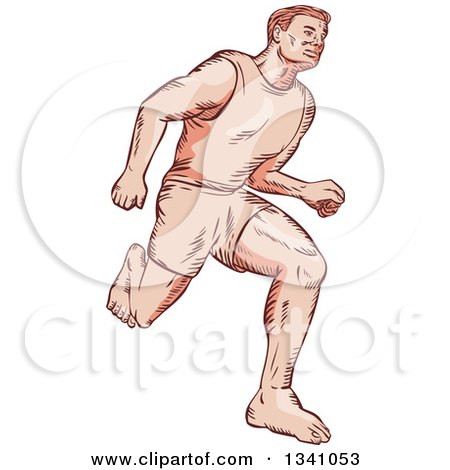 Clipart of a Sketched or Engraved Barefoot Male Marathon Runner - Royalty Free Vector Illustration by patrimonio