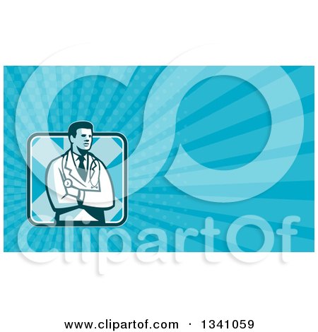 Clipart of a Retro Male Doctor or Veterinarian with Folded Arms and Blue Rays Background or Business Card Design - Royalty Free Illustration by patrimonio