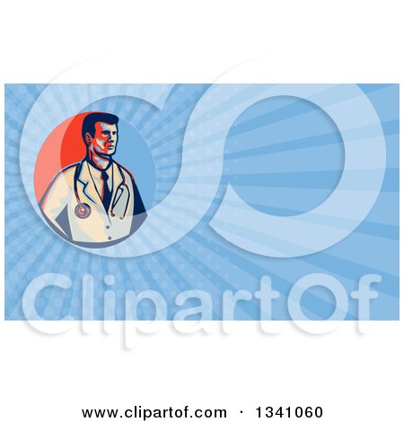 Clipart of a Retro Male Doctor or Veterinarian and Blue Rays Background or Business Card Design - Royalty Free Illustration by patrimonio