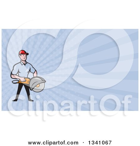 Clipart of a Cartoon White Male Construction Worker Holding a Concrete Saw and Blue Rays Background or Business Card Design - Royalty Free Illustration by patrimonio