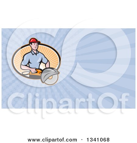 Clipart of a Cartoon White Male Construction Worker Holding a Concrete Saw in an Oval and Blue Rays Background or Business Card Design - Royalty Free Illustration by patrimonio