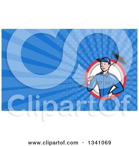 Clipart of a Cartoon Chimney Sweep Man and Blue Rays Background or Business Card Design 2 - Royalty Free Illustration by patrimonio