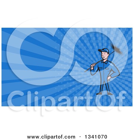 Clipart of a Cartoon Chimney Sweep Man and Blue Rays Background or Business Card Design 3 - Royalty Free Illustration by patrimonio