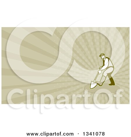Clipart of a Retro Gardener Digging with a Shovel and Tan Rays Background or Business Card Design - Royalty Free Illustration by patrimonio