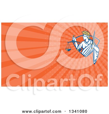 Clipart of a Retro Lady Justice with a Sword and Scales in a Diamond and Orange Rays Background or Business Card Design - Royalty Free Illustration by patrimonio