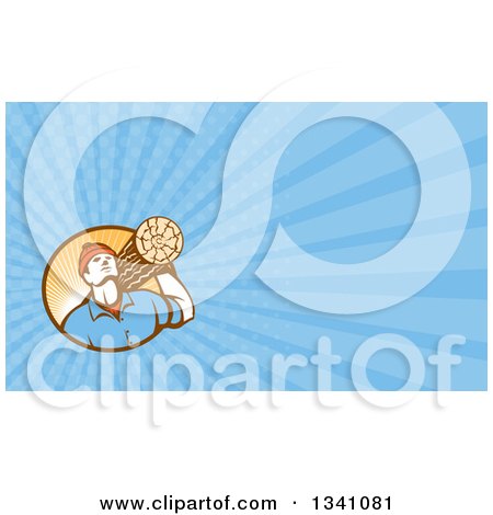 Clipart of a Retro Worker Carrying a Log and Blue Rays Background or Business Card Design - Royalty Free Illustration by patrimonio