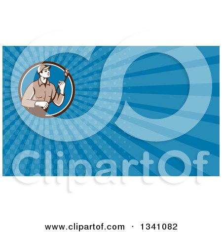 Clipart of a Retro Male Worker Holding a HDMI Cable in a Circle and Blue Rays Background or Business Card Design - Royalty Free Illustration by patrimonio