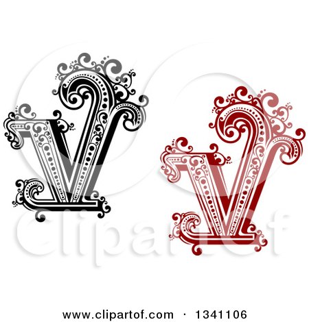 Clipart of Retro Black and White and Red Capital Letter V with Flourishes - Royalty Free Vector Illustration by Vector Tradition SM