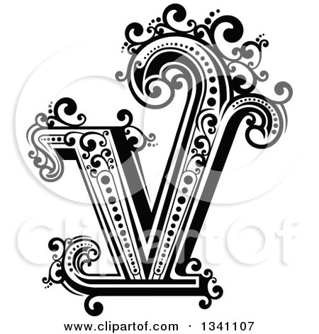 Clipart of a Retro Black and White Capital Letter V with Flourishes - Royalty Free Vector Illustration by Vector Tradition SM