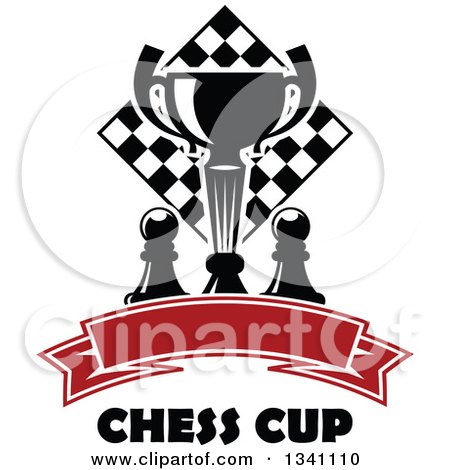 Clipart of a Black and White Chess Trophy Cup, Pieces and a Board over a Blank Red Ribbon Banner and Text - Royalty Free Vector Illustration by Vector Tradition SM