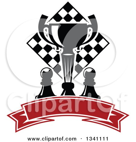 Clipart of a Black and White Chess Trophy Cup, Pieces and a Board over a Blank Red Ribbon Banner - Royalty Free Vector Illustration by Vector Tradition SM