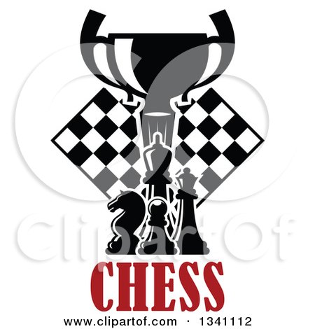 Clipart of a Black and White Chess Trophy Cup, Pieces and a Board over Red Text - Royalty Free Vector Illustration by Vector Tradition SM