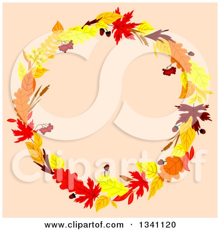 Clipart of a Colorful Autumn Leaf Wreath over Pastel Pink 3 - Royalty Free Vector Illustration by Vector Tradition SM