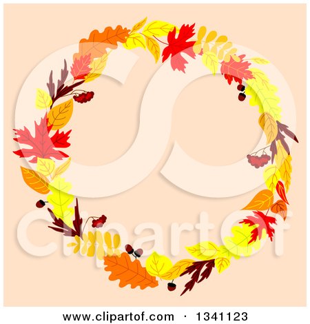 Clipart of a Colorful Autumn Leaf Wreath over Pastel Pink 4 - Royalty Free Vector Illustration by Vector Tradition SM