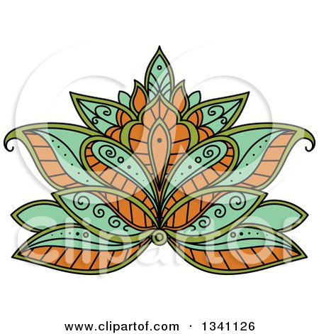Clipart of a Beautiful Green and Orange Henna Lotus Flower - Royalty Free Vector Illustration by Vector Tradition SM