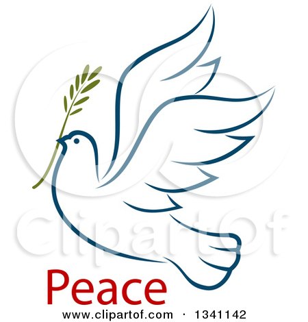 Clipart of a Sketched Flying Navy Blue Peace Dove with a Branch and Text 3 - Royalty Free Vector Illustration by Vector Tradition SM